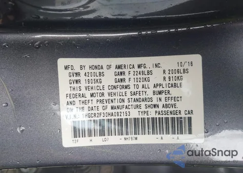 2017 Honda Accord Lx из США, поврежденный, VIN 1HGCR2F30HA092153